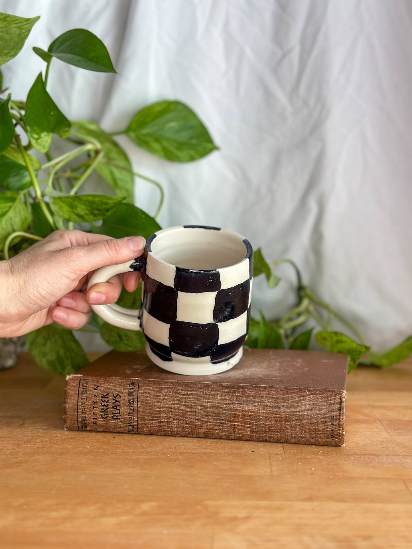 checkered mug with white handle