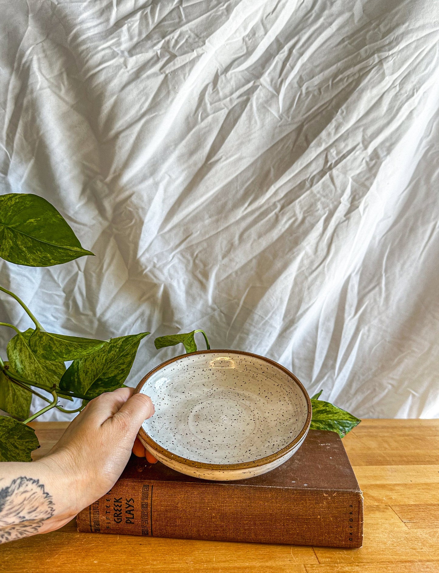 white and brown speckled modern small plate