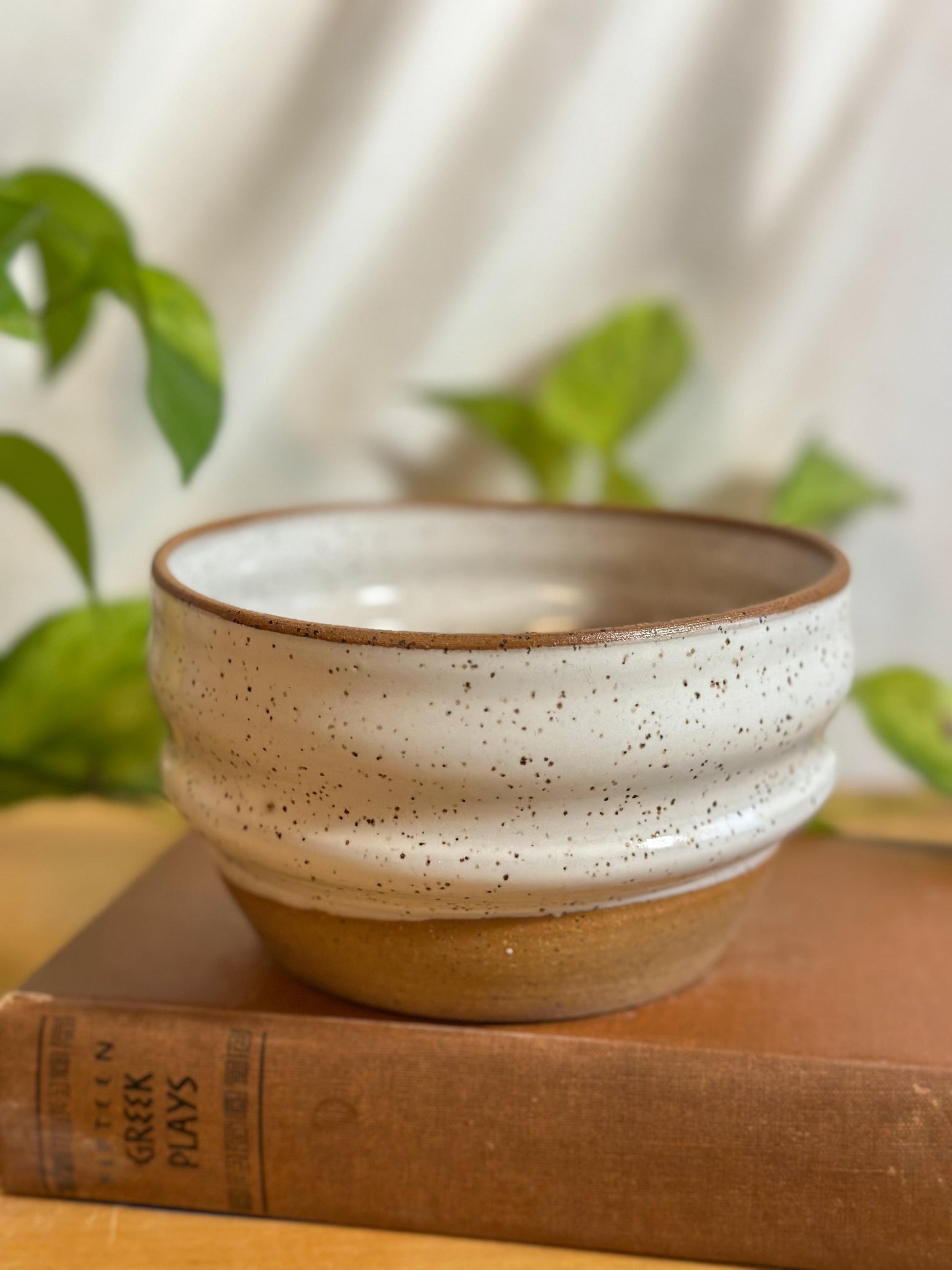 white and brown speckled modern soup bowls