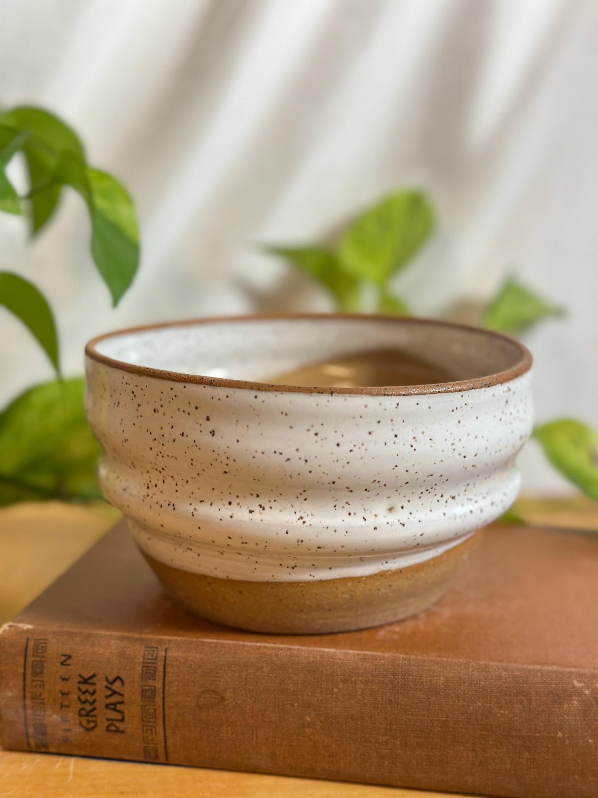 white and brown speckled modern soup bowls