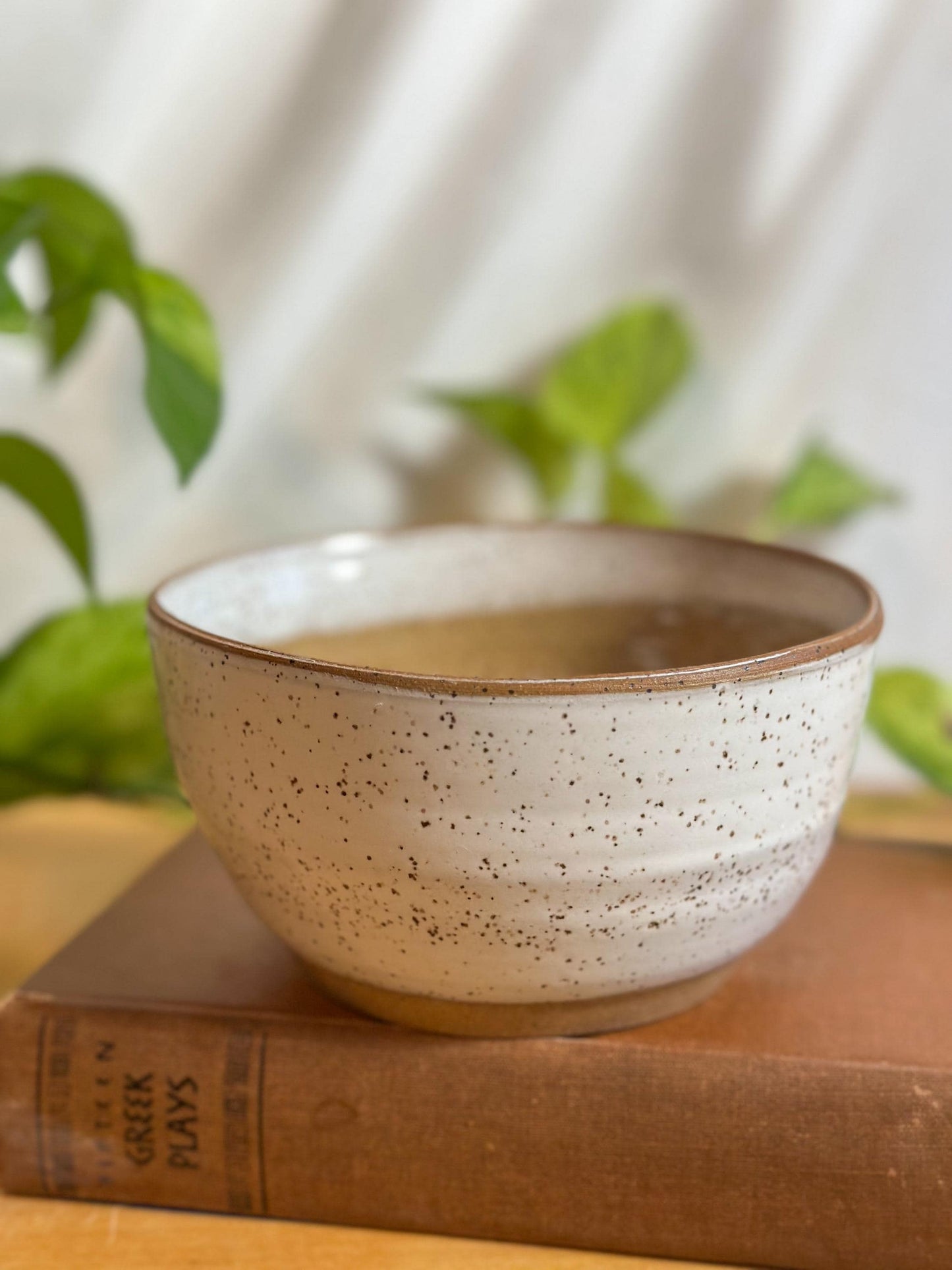 white and brown speckled modern soup bowls