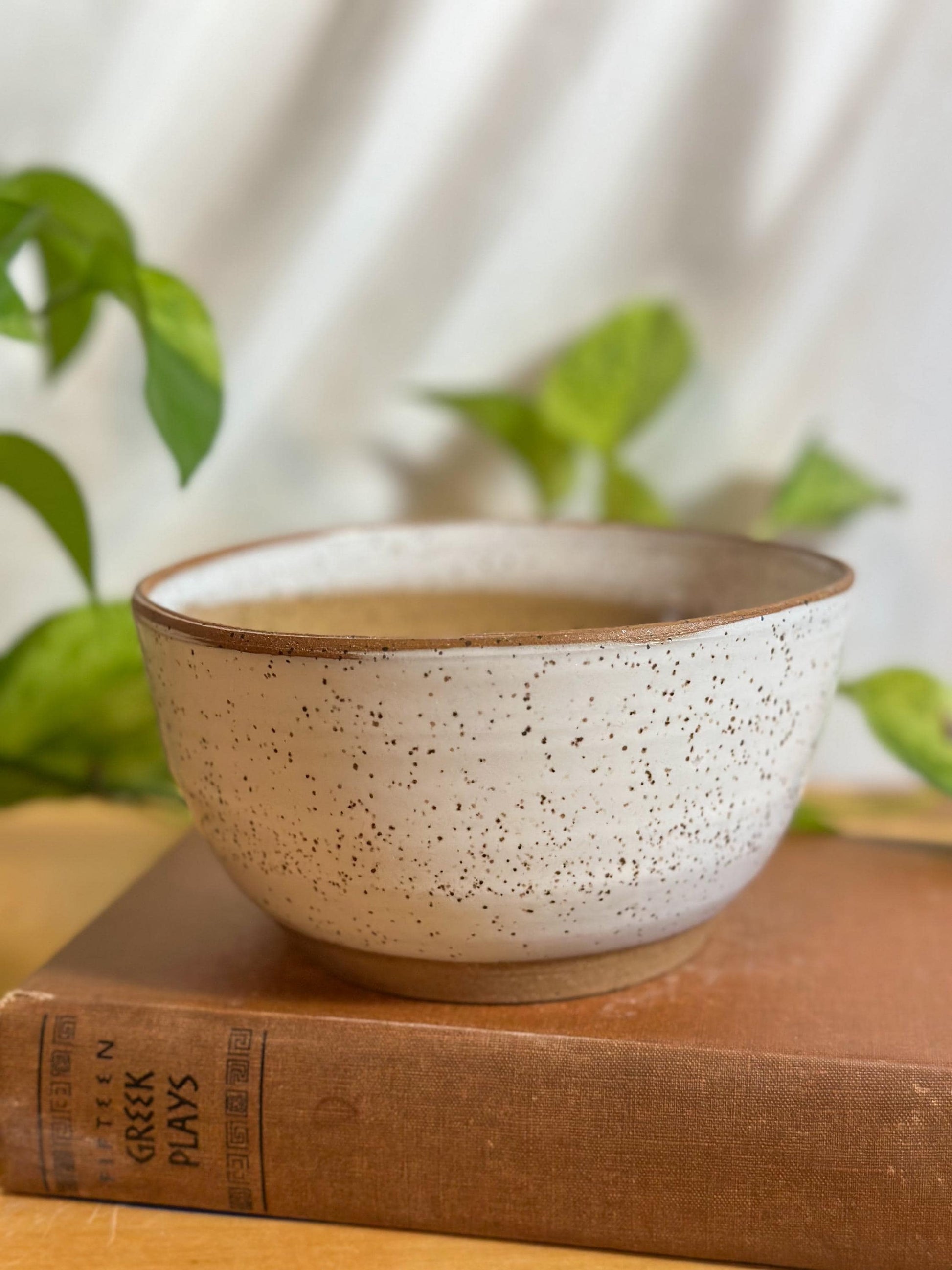 white and brown speckled modern soup bowls