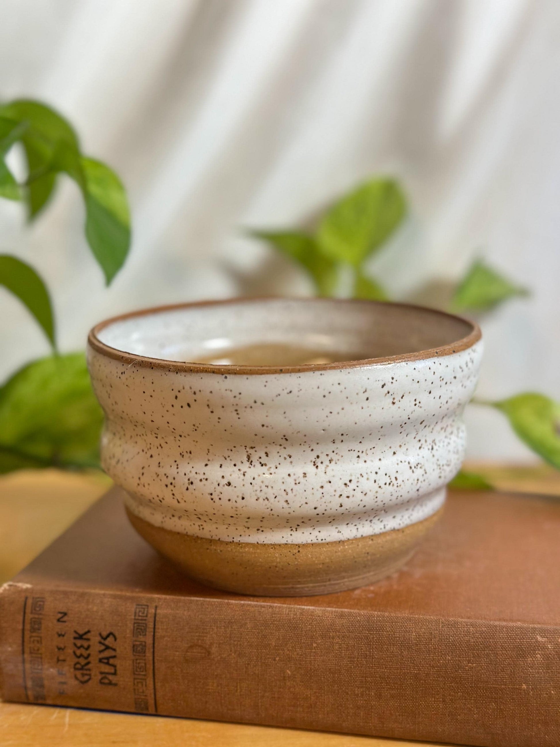 white and brown speckled modern soup bowls