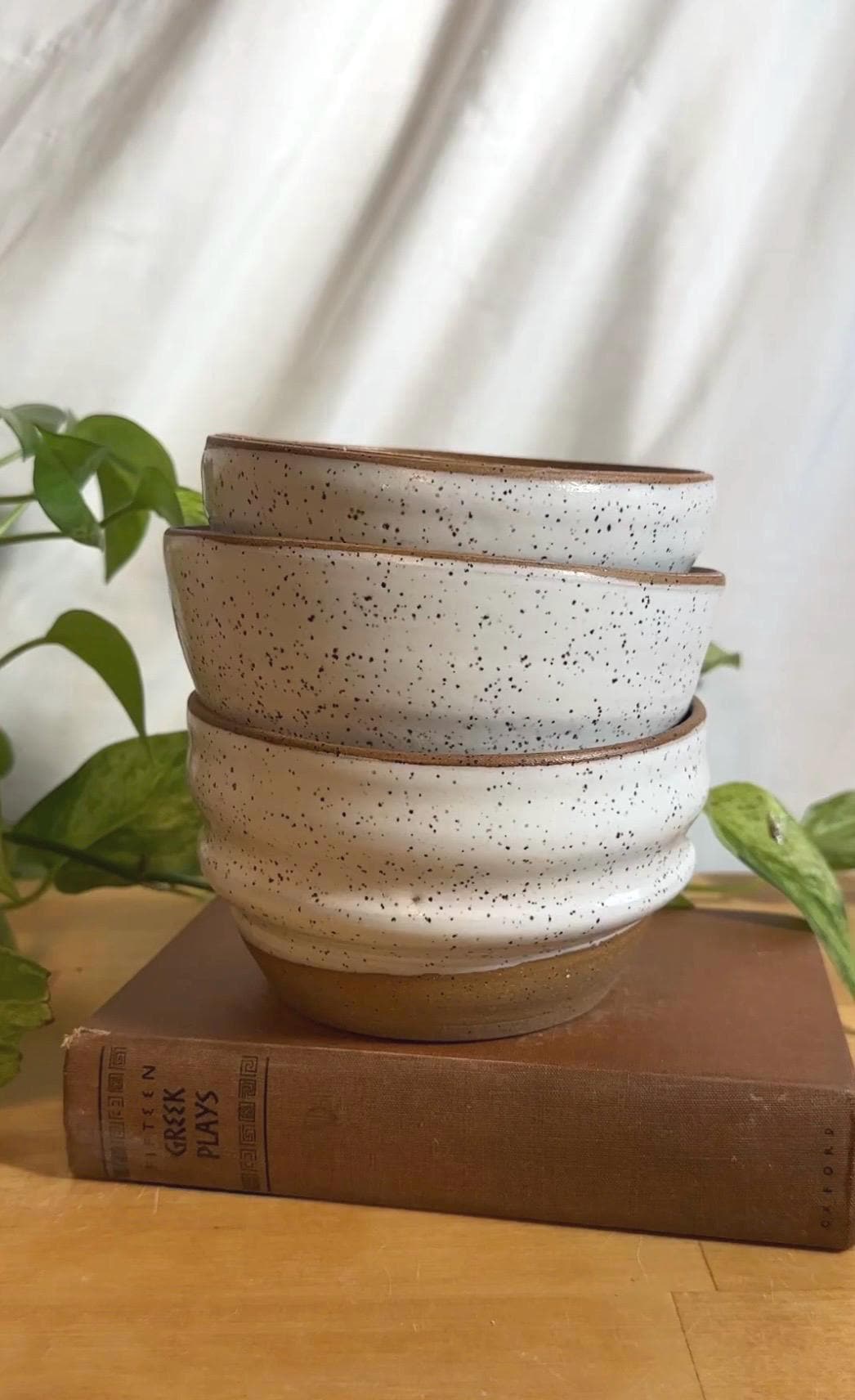 white and brown speckled modern soup bowls