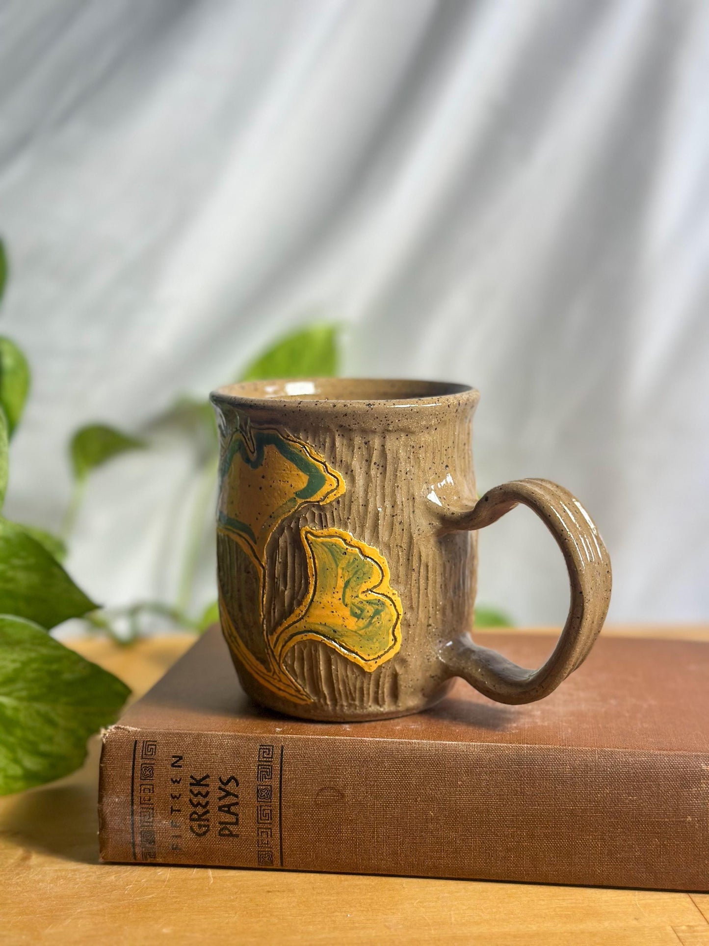 ginkgo leaf carved texture aesthetic mug