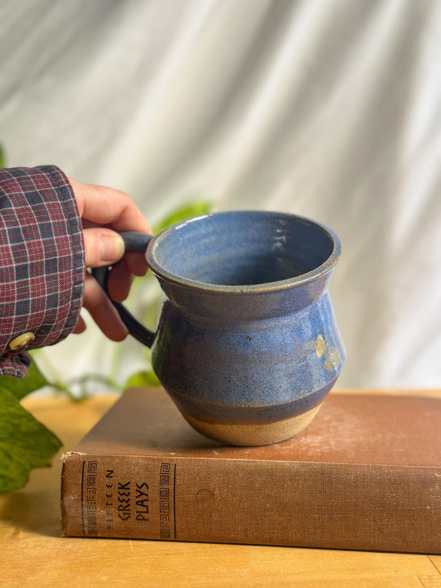 angular two toned blue ceramic mug