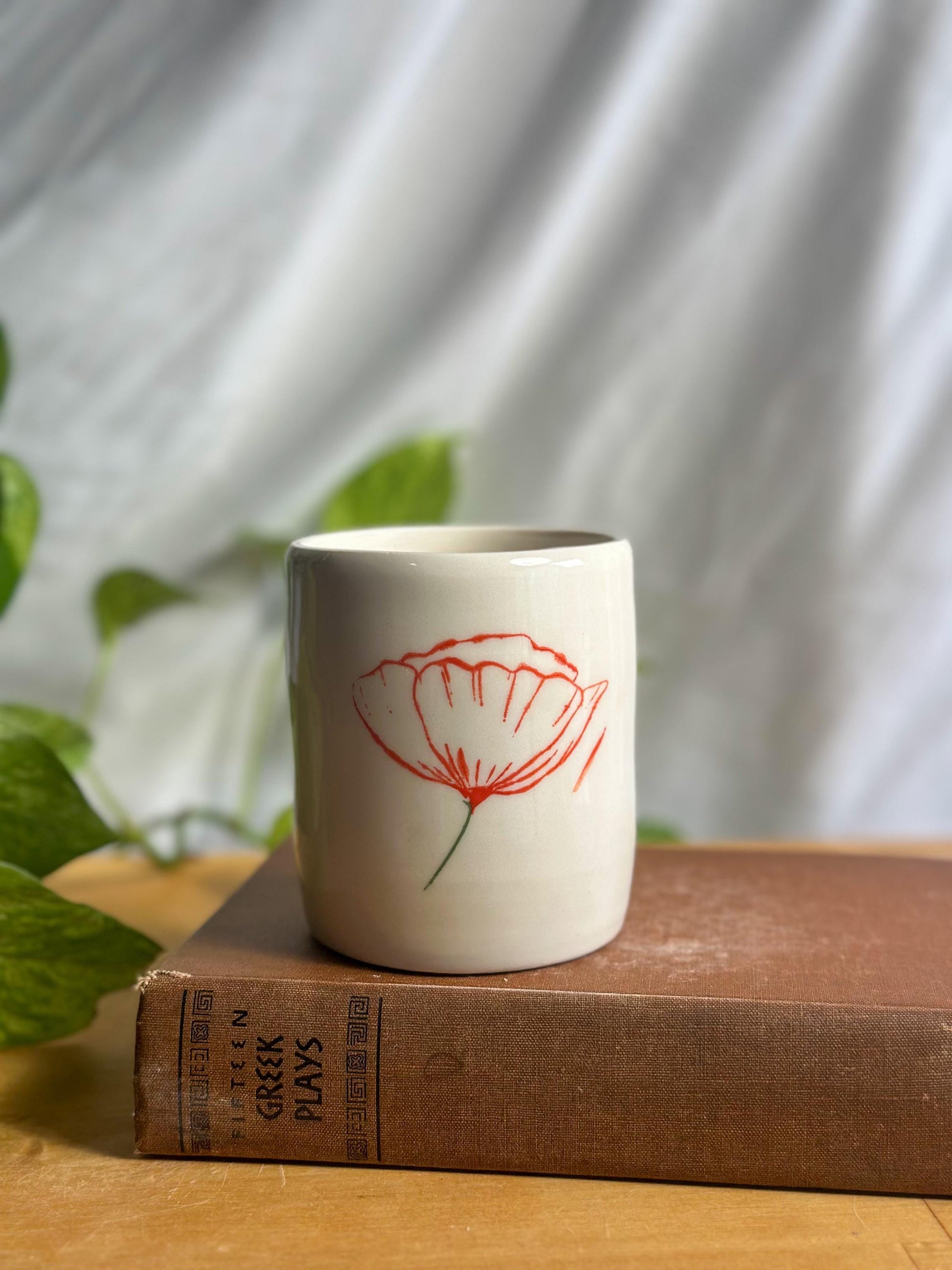 pale poppy flower ceramic tumbler mug cup