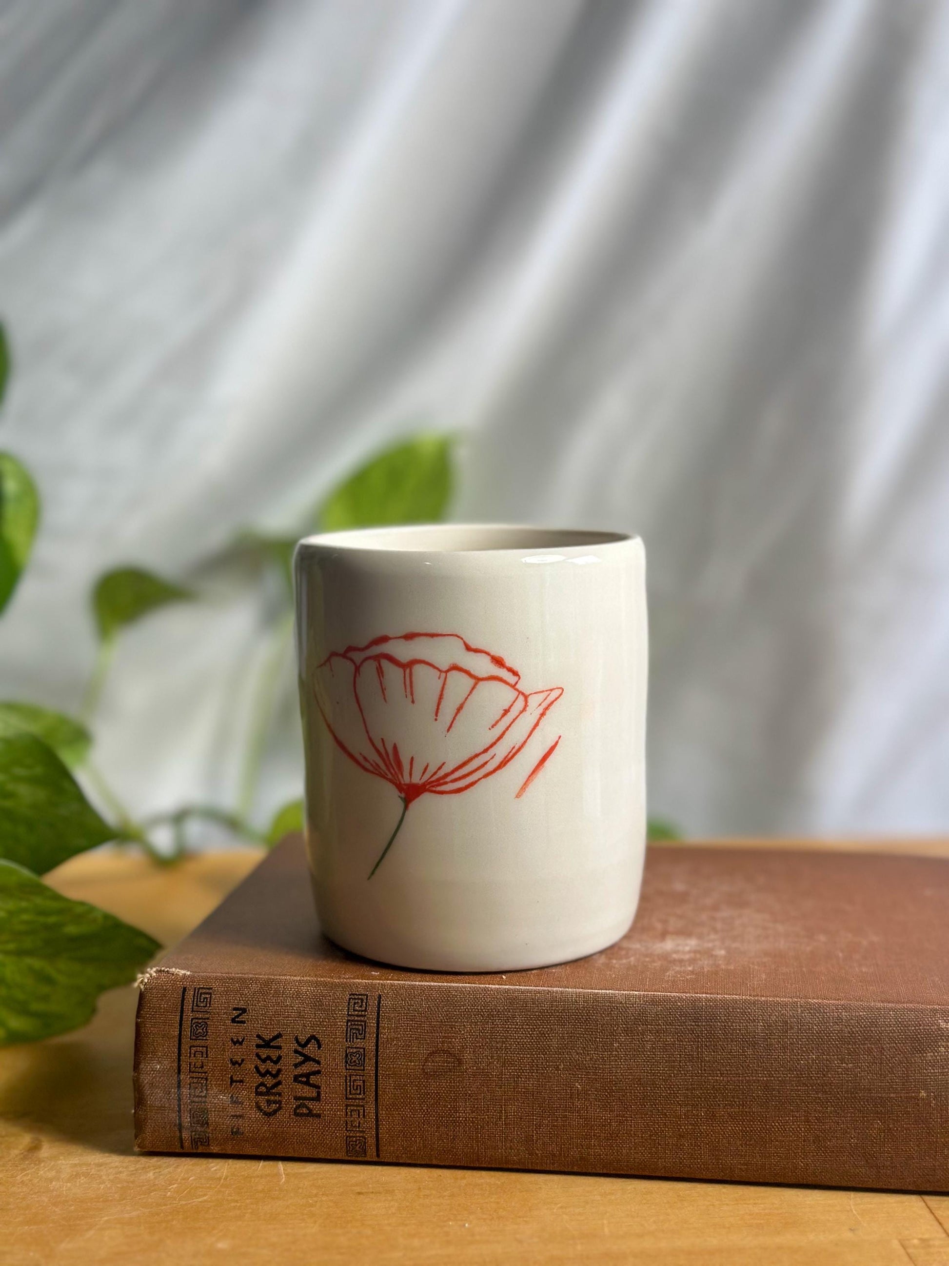 pale poppy flower ceramic tumbler mug cup