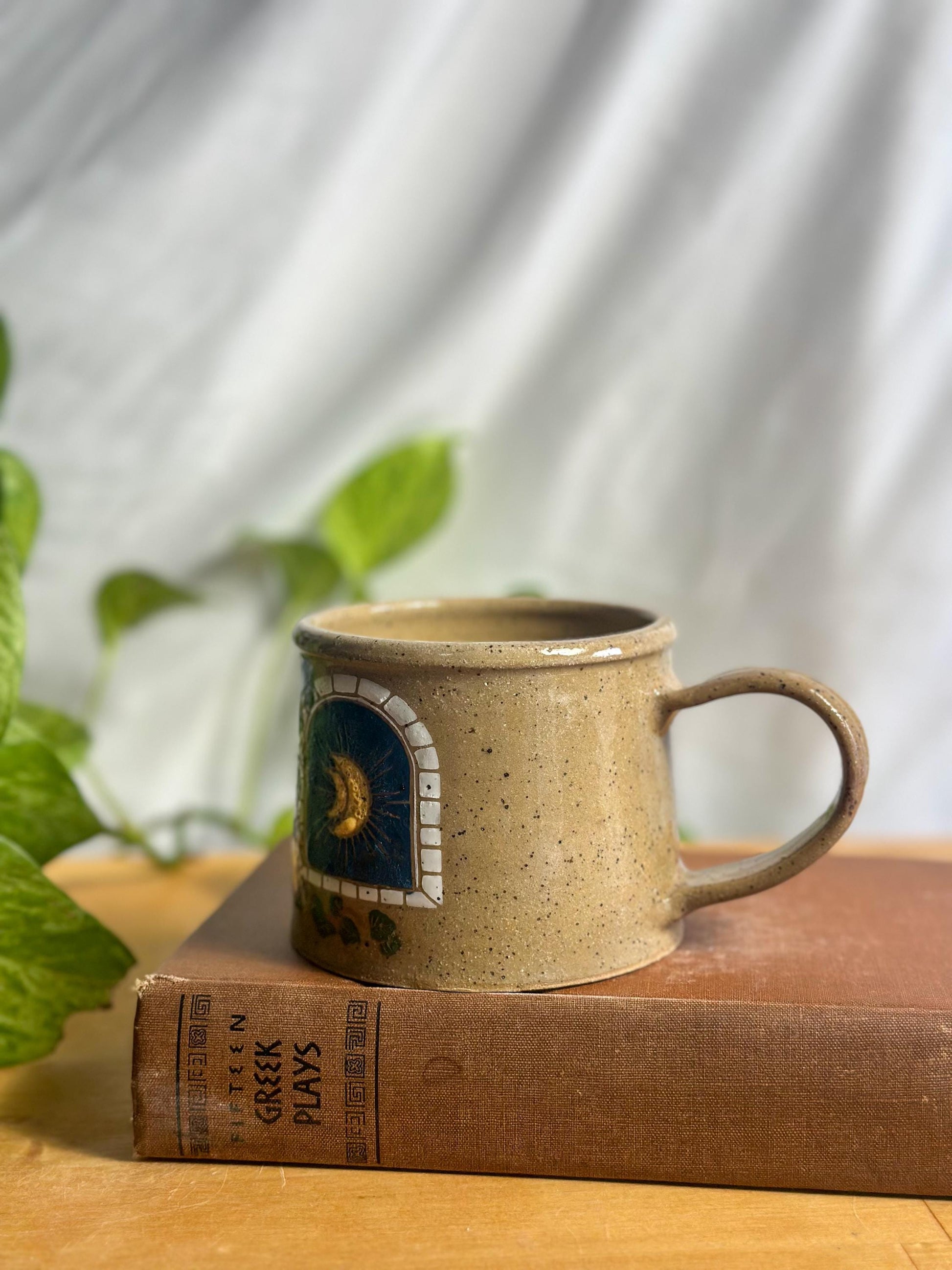 brown speckled sun & moon camping mug