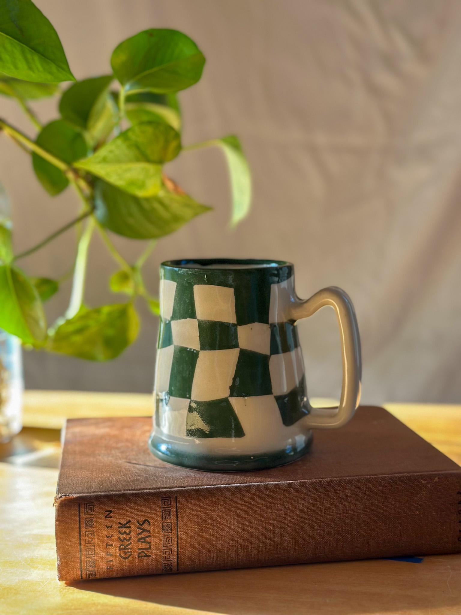 green and white wavy checkered hand made pottery mug - seconds