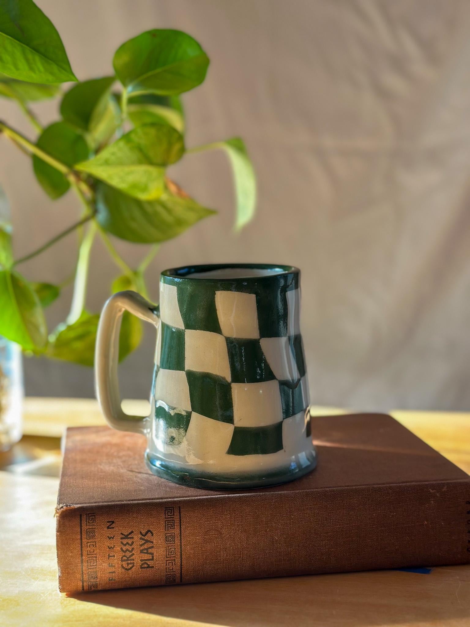 green and white wavy checkered hand made pottery mug - seconds