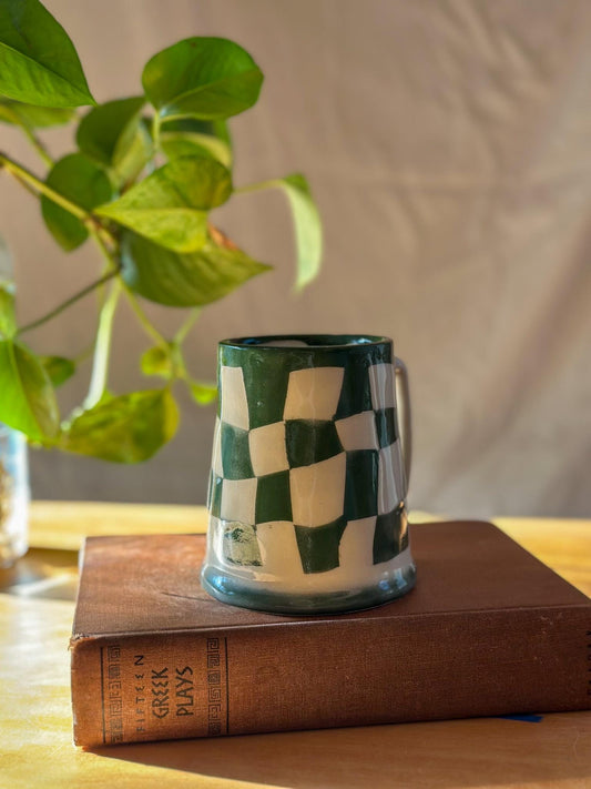 green and white wavy checkered hand made pottery mug - seconds