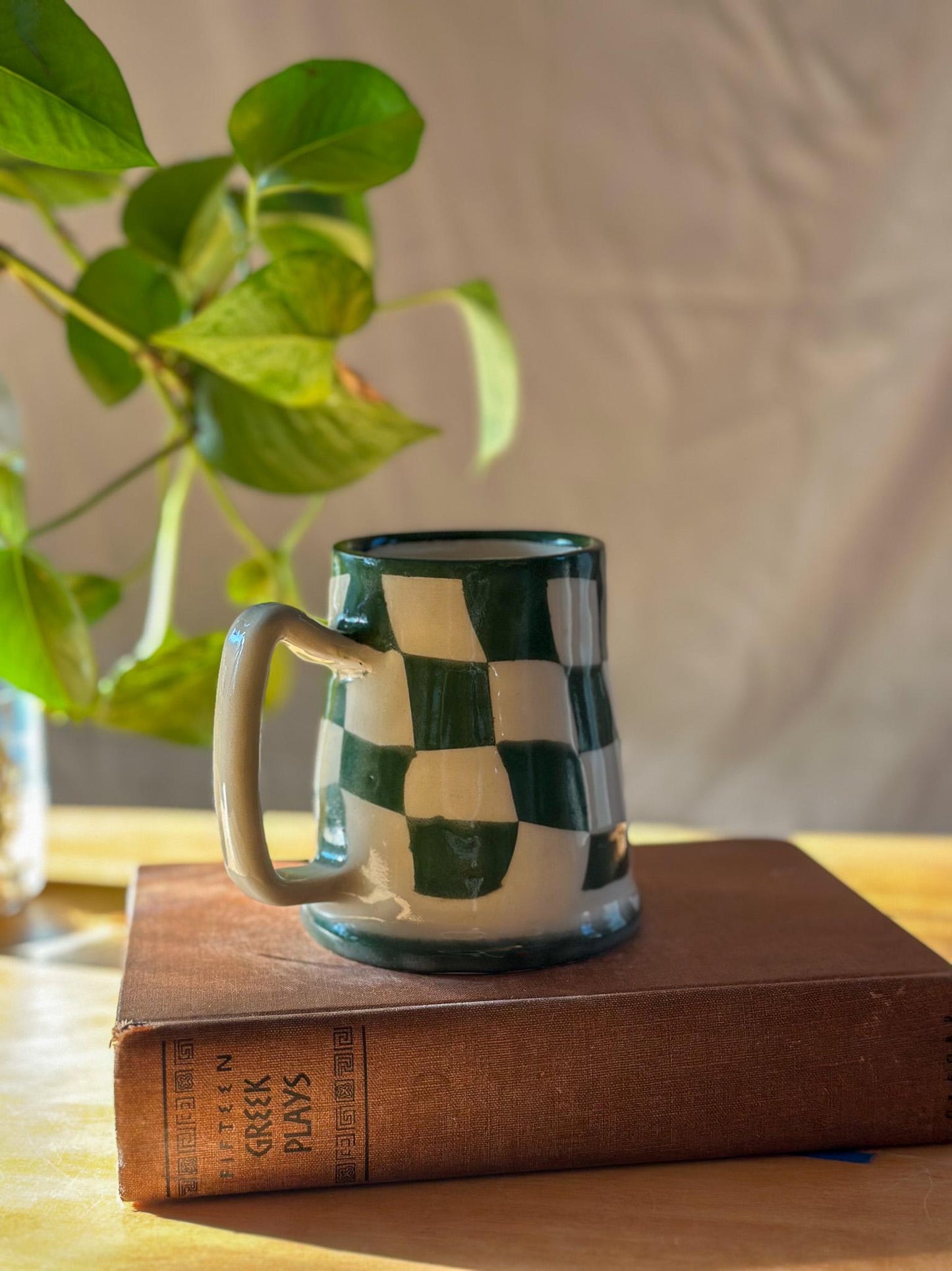 green and white wavy checkered hand made pottery mug - seconds